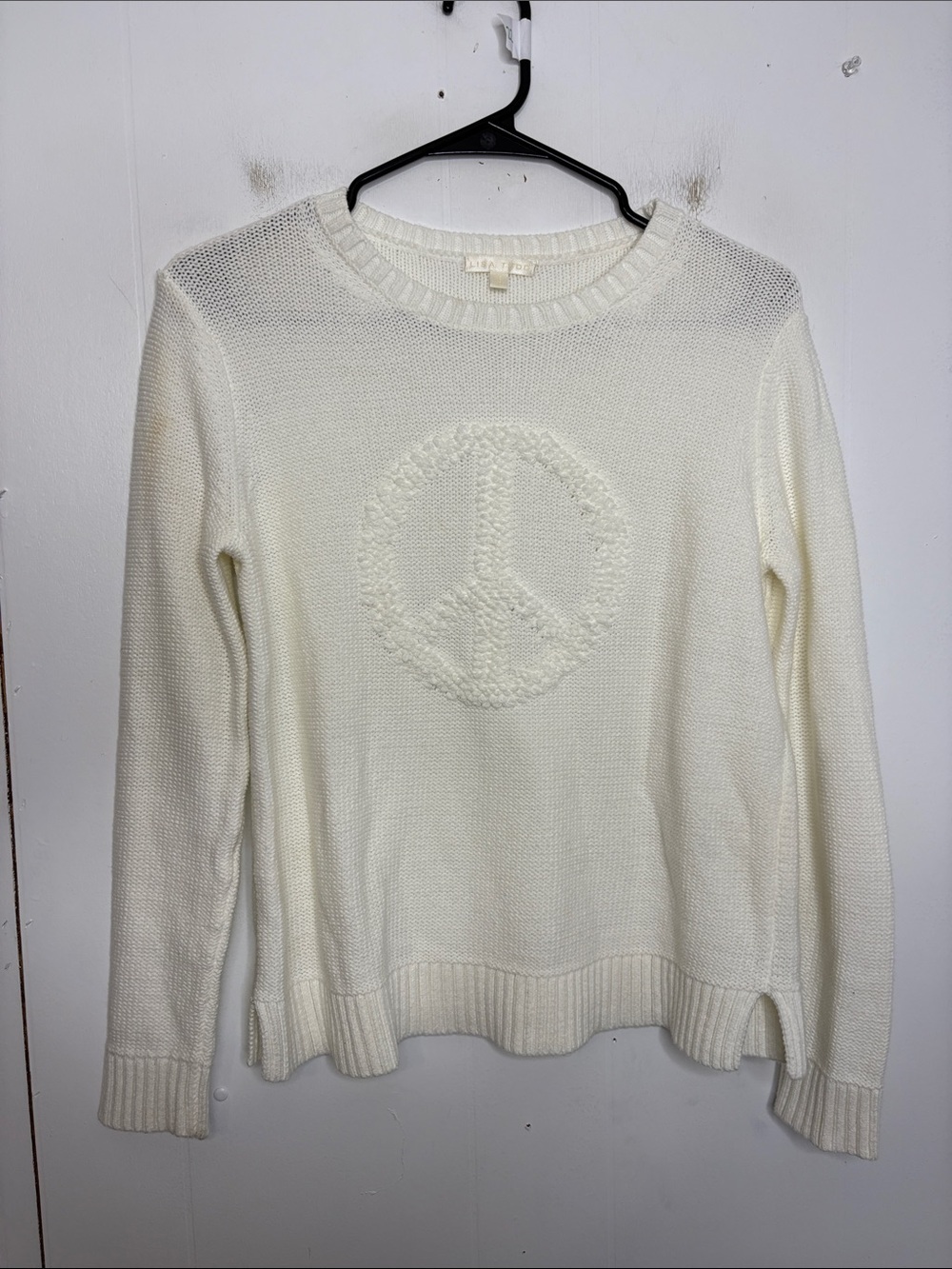 Lisa Todd Sweater Womens Extra Small Embroidered Puffy Peace Sign Knit Neutral